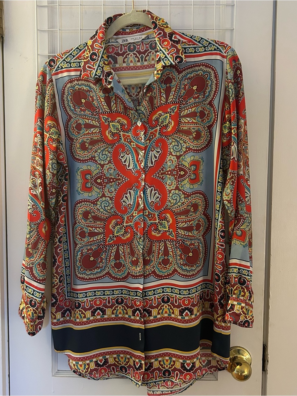 Zara Red Multicolor Paisley Button-Up Blouse